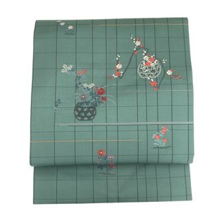 名古屋帯/美品/刺繍/グリーン/花籠/仕立上がり/8873(その他)