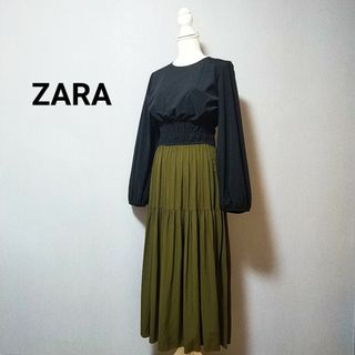 ザラ(ZARA)の新品　ザラ　ドッキングティアードワンピース　異素材　スタイルアップ　ロング　M(ロングワンピース/マキシワンピース)