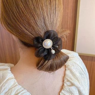 【再入荷】レディース 髪飾り ブラック フラワー お洒落 揺れる 結婚式 真珠(ヘアゴム/シュシュ)