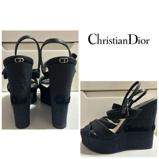 Christian Dior - ディオール　ブラックキャンバス　ロゴ　厚底サンダル　ウエッジ　リボン　ストラップ
