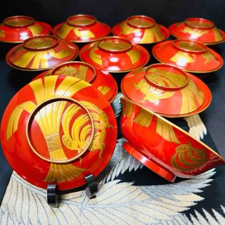 漆器　輪島塗　蒔絵金彩細工　沈金　木製　蓋付椀　吸物椀　大きめ　10客　骨董品(漆芸)