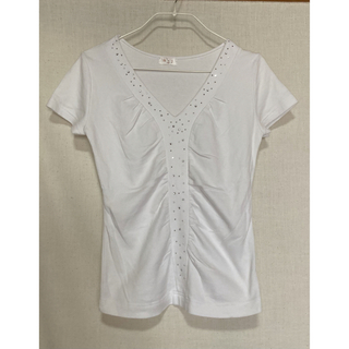 Tシャツ　半袖　カットソー　ラインストーン　レディース　白(Tシャツ(半袖/袖なし))
