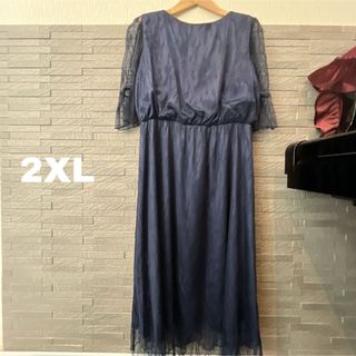 大きいサイズ ネイビー　ロングドレス 2XL ロングワンピース シンプル 紺(ロングドレス)