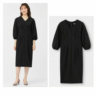ジーユー(GU)の新品 オフィスカジュアル ドレス ウエストタックパフスリーブワンピース 黒色 M(ひざ丈ワンピース)