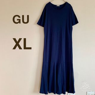 ジーユー(GU)のGU ジーユー ロングワンピース マキシ丈 XL 大きいサイズ ネイビー フリル(ロングワンピース/マキシワンピース)