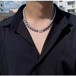 パール　チェーン　シンプル　グレー　韓国　ネックレス　アクセサリー　銀　黒　(ネックレス)