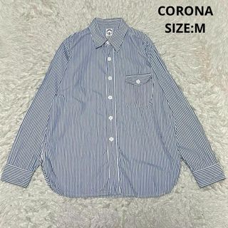 CORONA リネン混 ストライプワークシャツ サイズM ホワイト&ブルー(シャツ)