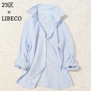 ニジュウサンク(23区)の23区 LIBECO リネンシャツ ギンガムチェック 長袖 水色 3L(シャツ/ブラウス(長袖/七分))