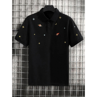 極美品宇宙デザイン刺繍ブラックポロシャツ(ポロシャツ)