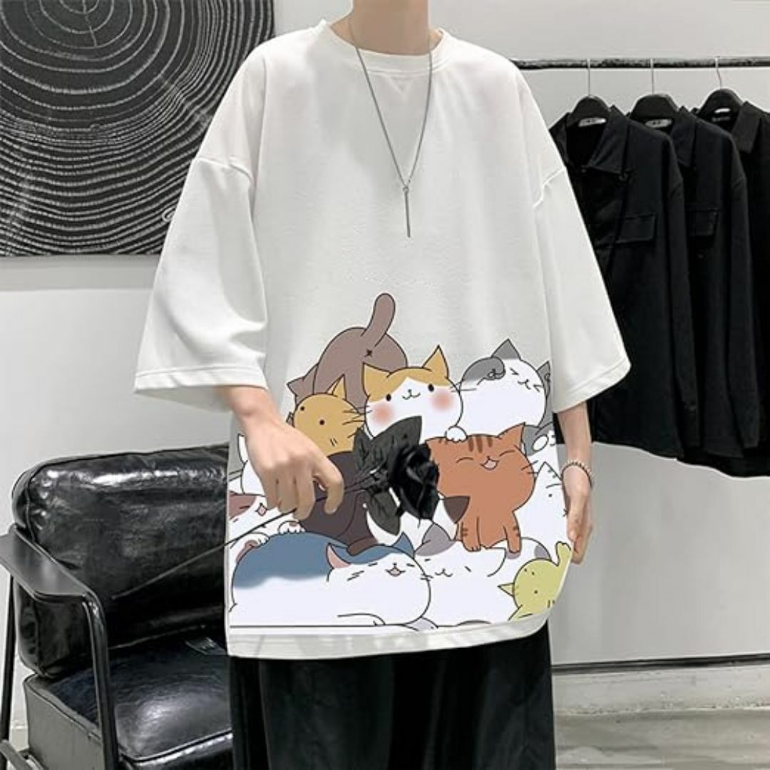 夏服 Tシャツ メンズ 半袖 トップス 無地 ゆったり 猫ロゴ おもしろシャツ メンズのトップス(Tシャツ/カットソー(半袖/袖なし))の商品写真