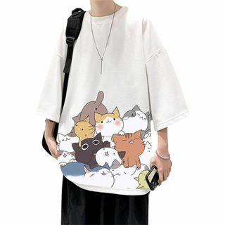 夏服 Tシャツ メンズ 半袖 トップス 無地 ゆったり 猫ロゴ おもしろシャツ(Tシャツ/カットソー(半袖/袖なし))