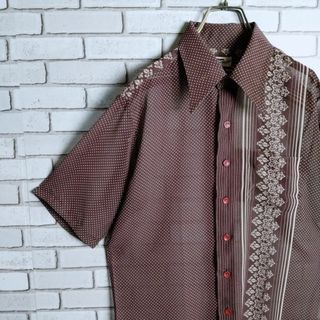 ヴィンテージ(VINTAGE)の柄シャツ☆半袖シャツ　シースルー　切替デザイン　水玉　ボタニカル　総柄　茶(シャツ)