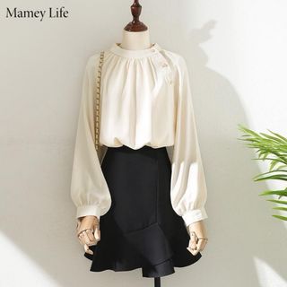 Mamey Life斜めボタン、サテン、シフォンシャツ、フレンチ上着、デザイン感(シャツ/ブラウス(長袖/七分))