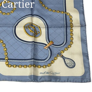 高級◼︎ Cartier カルティエ   大判 スカーフ　ロゴチェーン柄　シルク
