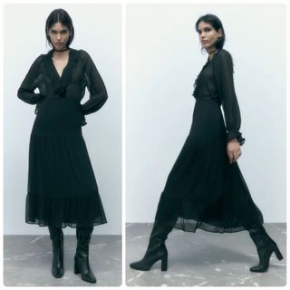 ザラ(ZARA)のZARA フリルロングワンピース チュール ティアード Aライン ブラック M(ロングワンピース/マキシワンピース)