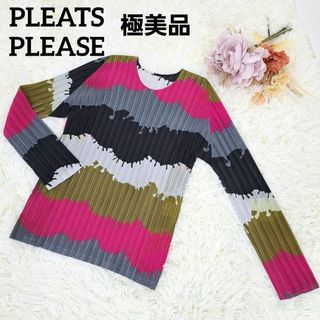 プリーツプリーズイッセイミヤケ(PLEATS PLEASE ISSEY MIYAKE)の【極美品】 プリーツプリーズ　トップス　カットソー　マルチカラー　ボーダー　３(カットソー(長袖/七分))