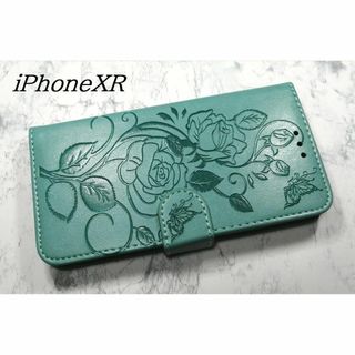 手帳型 iPhoneXR 用 スマホケース 薔薇蝶リーフ グリーン 緑色(iPhoneケース)