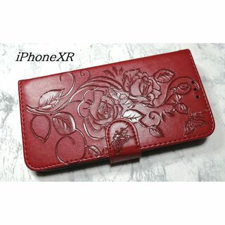 手帳型 iPhoneXR 用 スマホケース 薔薇蝶リーフ レッド 赤色(iPhoneケース)