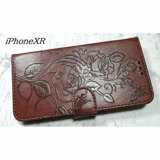 手帳型 iPhoneXR 用 スマホケース 薔薇蝶リーフ ブラウン 茶色(iPhoneケース)