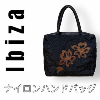 イビザ(IBIZA)のIbiza イビザ　ハンドバッグ　ナイロン　レザー　黒　ブラック　刺繍　花柄(ハンドバッグ)
