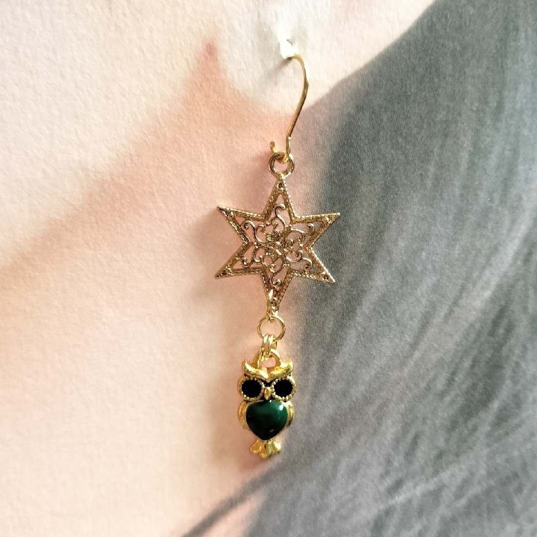 みみずくピアス☆星ピアス☆ふくろうピアス☆バードピアス☆鳥ピアス☆ハンドメイド ハンドメイドのアクセサリー(ピアス)の商品写真