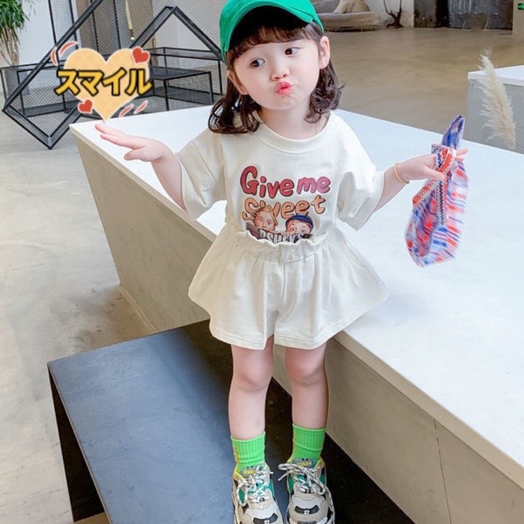 キッズセットアップ　ゆったりＴシャツ　ショートパンツ　女の子夏服ホワイト100 キッズ/ベビー/マタニティのキッズ服女の子用(90cm~)(その他)の商品写真