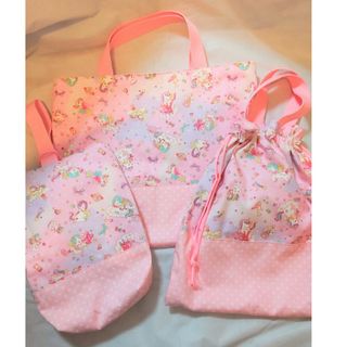 ☆　ハンドメイド　レッスンバッグ・上靴袋・体操服袋　ユニコーン・宇宙　ピンク　☆(レッスンバッグ)