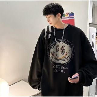 【人気】トレーナー ブラック ビッグシルエット ニコちゃん 韓国  大きめ(Tシャツ/カットソー(七分/長袖))