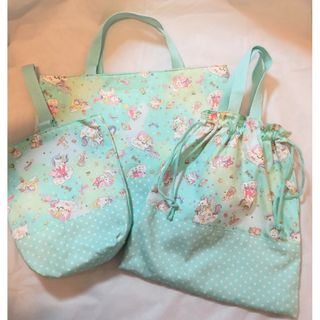 ☆　ハンドメイド　レッスンバッグ・上靴袋・体操服袋　ユニコーン・宇宙　ミント　☆(レッスンバッグ)