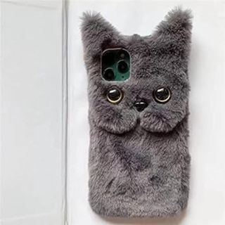 スマホカバー ネコ 猫 可愛い ぬいぐるみ フワフワ iPhoneケース グレー