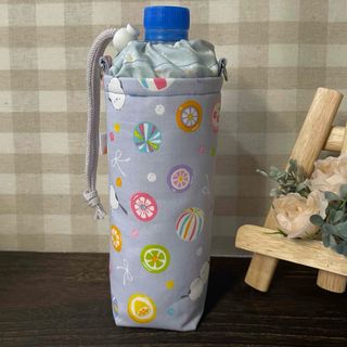 ペットボトルカバー　シマエナガと飴菓子と　水色×グレー(弁当用品)