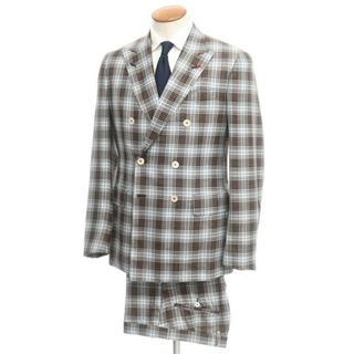 【新品】イザイア ISAIA GREGORY グレゴリー ウールシルクリネン チェック ダブルスーツ ブラウン×ライトブルー【サイズ46】【メンズ】(セットアップ)