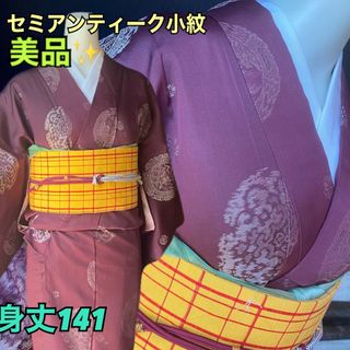 中学生のお子様にも！セミアンティーク小紋美品！可愛いパープルに雪輪模様！(着物)