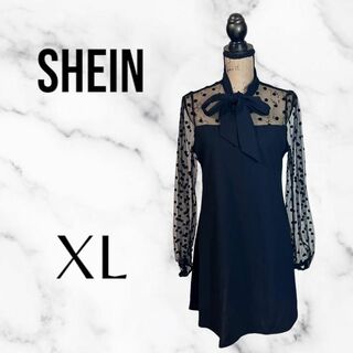 SHEIN - 美品✨【SHEIN】ドット柄シアーワンピース　リボン　透け感　ストレッチ　黒XL