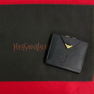 サンローラン(Saint Laurent)のほぼ未使用 レア YVES SAINT LAURENT イヴサンローラン YSL ロゴ 金具 レザー 本革 がま口 二つ折り 財布 ミニ ウォレット ブラック 06144(財布)