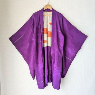 ヴィンテージ(VINTAGE)の長羽織 HAORI 紫 地紋 袷 正絹 着物 大正浪漫 和洋折衷コーデ 和柄(着物)