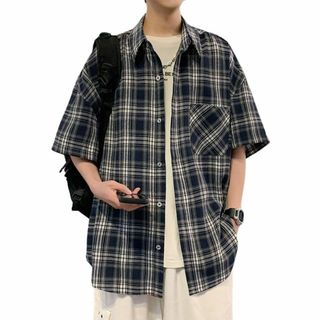 [PenBille] チェックシャツ メンズ 夏服 半袖 オーバーサイズシャツ (その他)