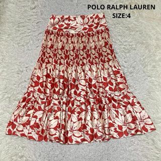 ポロラルフローレン(POLO RALPH LAUREN)の美品 ポロラルフローレン 花柄 プリーツ ティアード ロングスカート レッド系(ロングスカート)