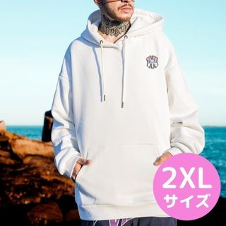 【人気】メンズ ロゴ パーカー ストリート　裏起毛  2XL 白 韓国(パーカー)