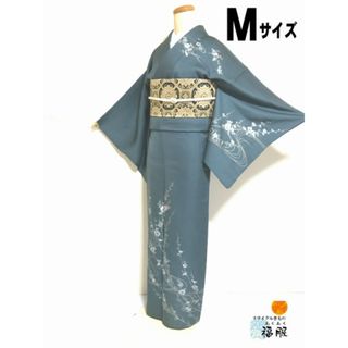 【中古】付け下げ 正絹 グレー地に梅模様 裄65cm Mサイズ(着物)