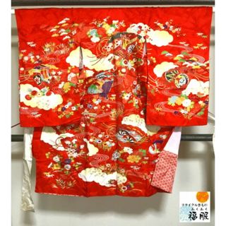 【中古】 七五三 正絹 3歳女児用 祝い着 着物 赤地に花扇模様 (和服/着物)