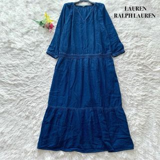 ラルフローレン(Ralph Lauren)の【美品】ローレンラルフローレン ロング丈 ワンピース リネン混 ネイビー 4L(ロングワンピース/マキシワンピース)