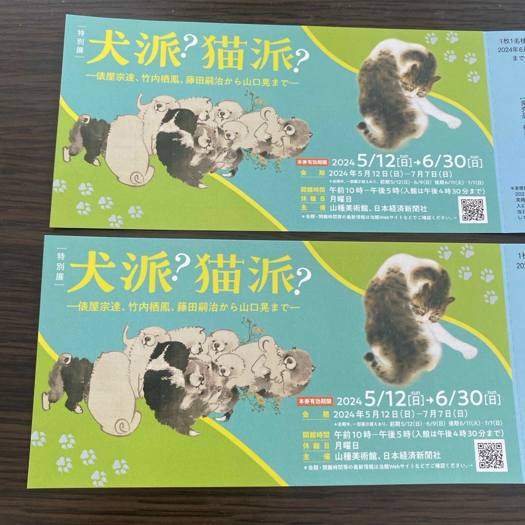 山種美術館「特別展犬派？猫派？」 期限付き招待券 ２枚 チケットの施設利用券(美術館/博物館)の商品写真