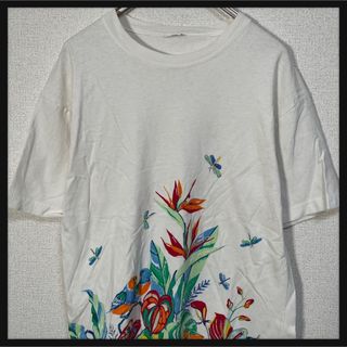 【総柄】半袖Tシャツ　花柄　鳥　アニマル　ボタニカル　トンボ白T74(Tシャツ/カットソー(半袖/袖なし))