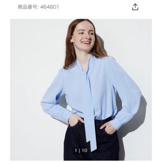 ユニクロ(UNIQLO)の☆新品未使用☆ユニクロ レーヨンボウタイブラウス　ライトブルー、サイズ XL (シャツ/ブラウス(長袖/七分))