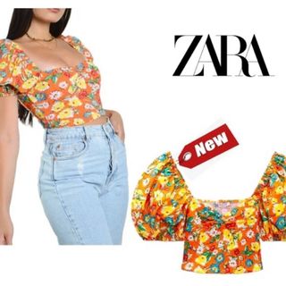 ザラ(ZARA)のZARA バルーンスリーブ　花柄クロップドブラウス　チューブトップ　オレンジ　S(シャツ/ブラウス(長袖/七分))