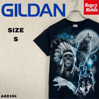 ギルタン(GILDAN)のインディアン スカル  チーフ ムーン & ウルフ ビッグプリントTシャツ(Tシャツ/カットソー(半袖/袖なし))