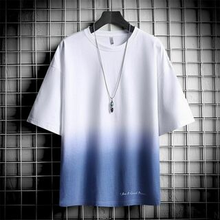 グラデーション Tシャツ L メンズ トップス 青 白 通気性 春 夏(Tシャツ(半袖/袖なし))