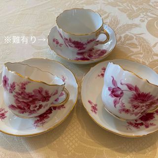 マイセン(MEISSEN)の★御専用【古マイセン】カップ＆ソーサー２客＋難有１客「カマイユ／濃ピンクの花絵」(食器)