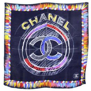 シャネル(CHANEL)のシャネル 19年製 スカーフ ストール 総柄 ココマーク シルク 紺 白(バンダナ/スカーフ)